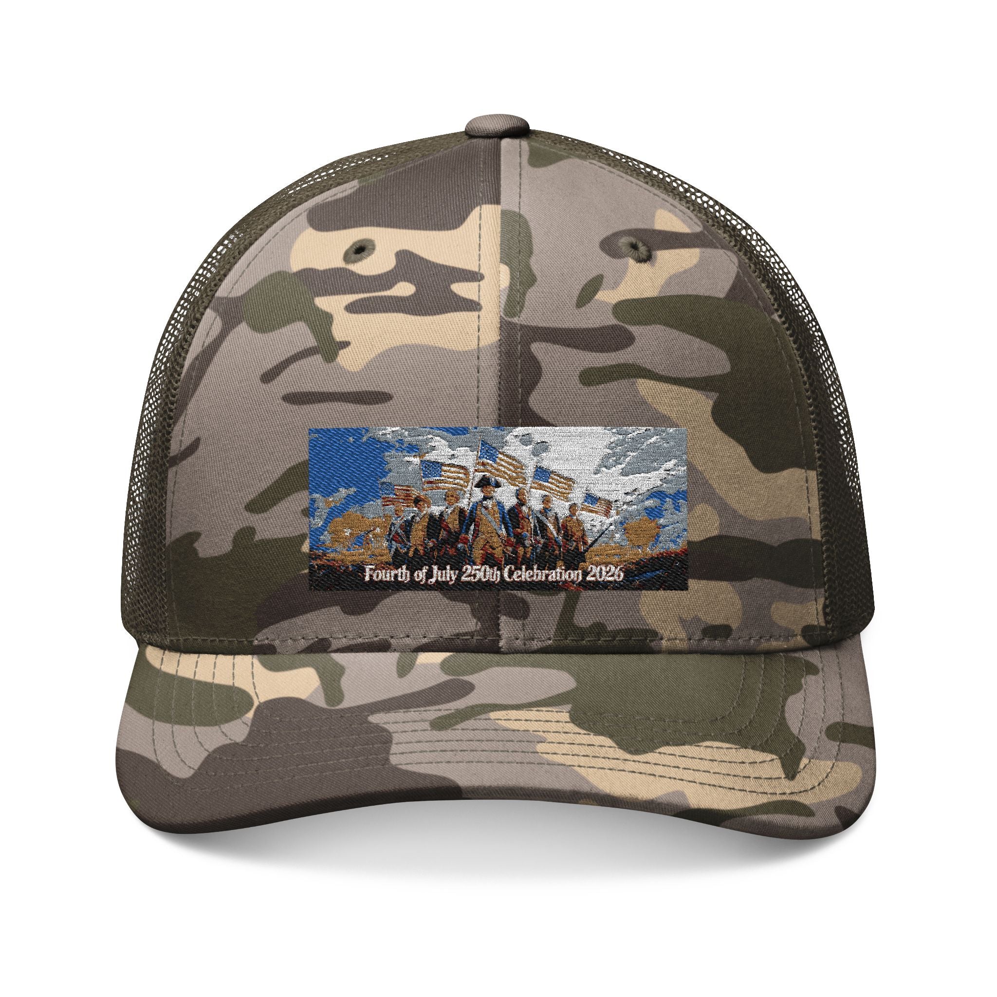 Camouflage Trucker Hat — Embroidered USA Flag Patch with 250 Badge