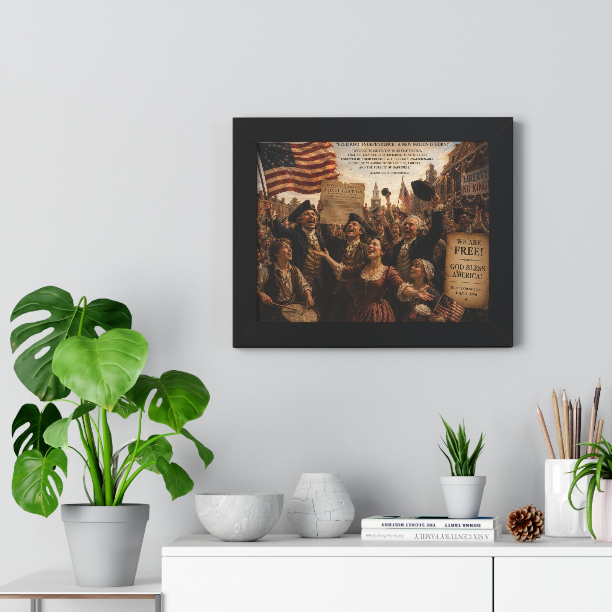 Framed Horizontal Poster – Patriotic 'We Are Free! God Bless America' Historical Print