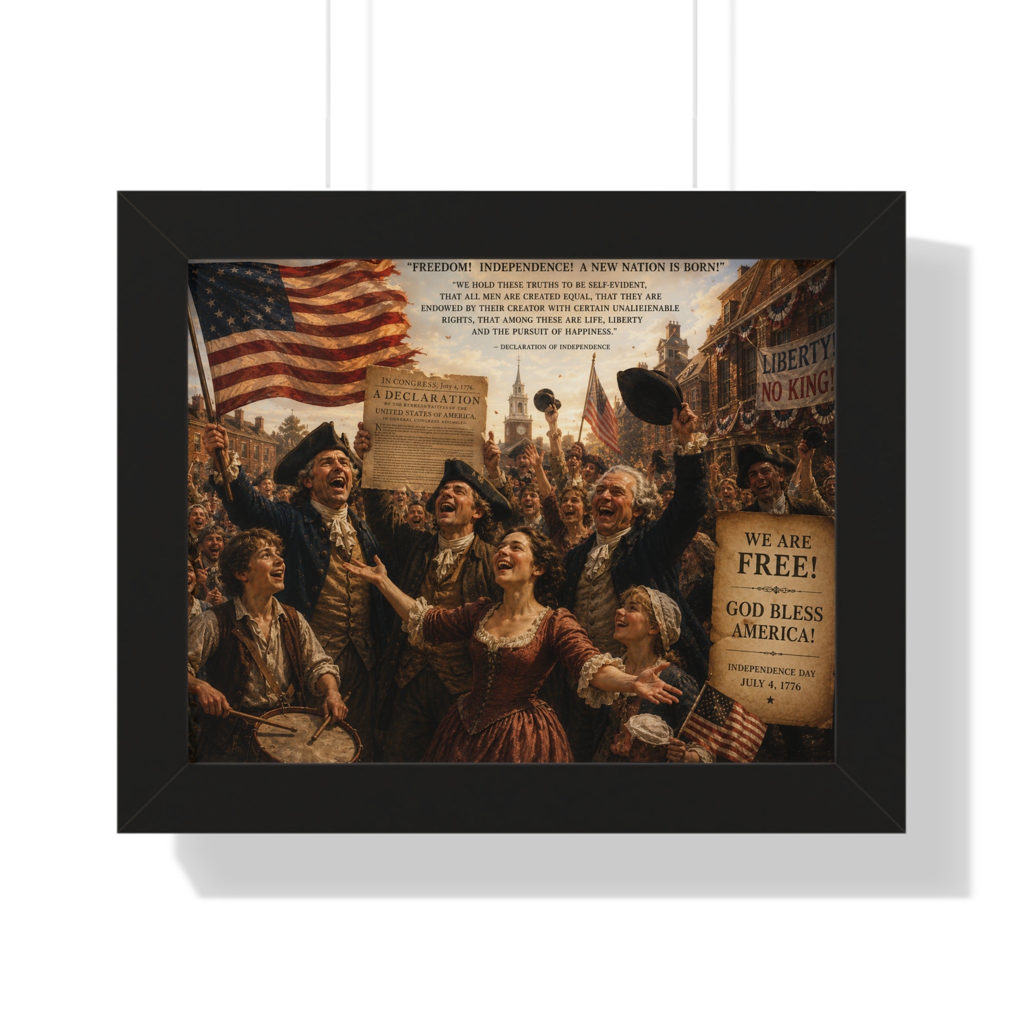 Framed Horizontal Poster – Patriotic 'We Are Free! God Bless America' Historical Print